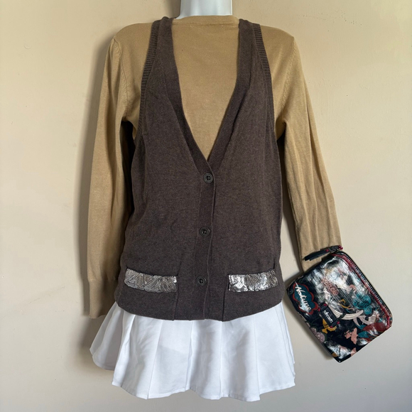 Hollister Vintage Y2K Brown Taupe Cardigan Sweater with Silver Sequins, Size S - Picture 15 of 16